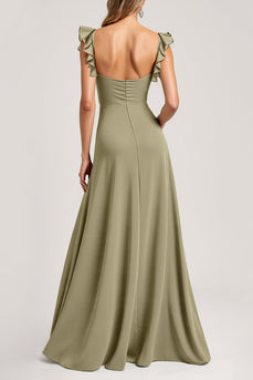 Olive Ruffled A Line Maxi Bridesmaid Dress with Slit
