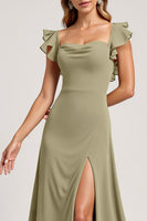 Load image into Gallery viewer, Olive Ruffled A Line Maxi Bridesmaid Dress with Slit