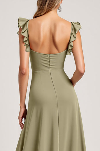 Olive Ruffled A Line Maxi Bridesmaid Dress with Slit