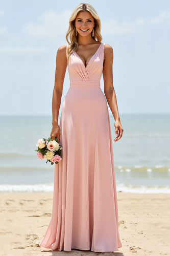 Blush Deep V-Neck A Line Maxi Bridesmaid Dress