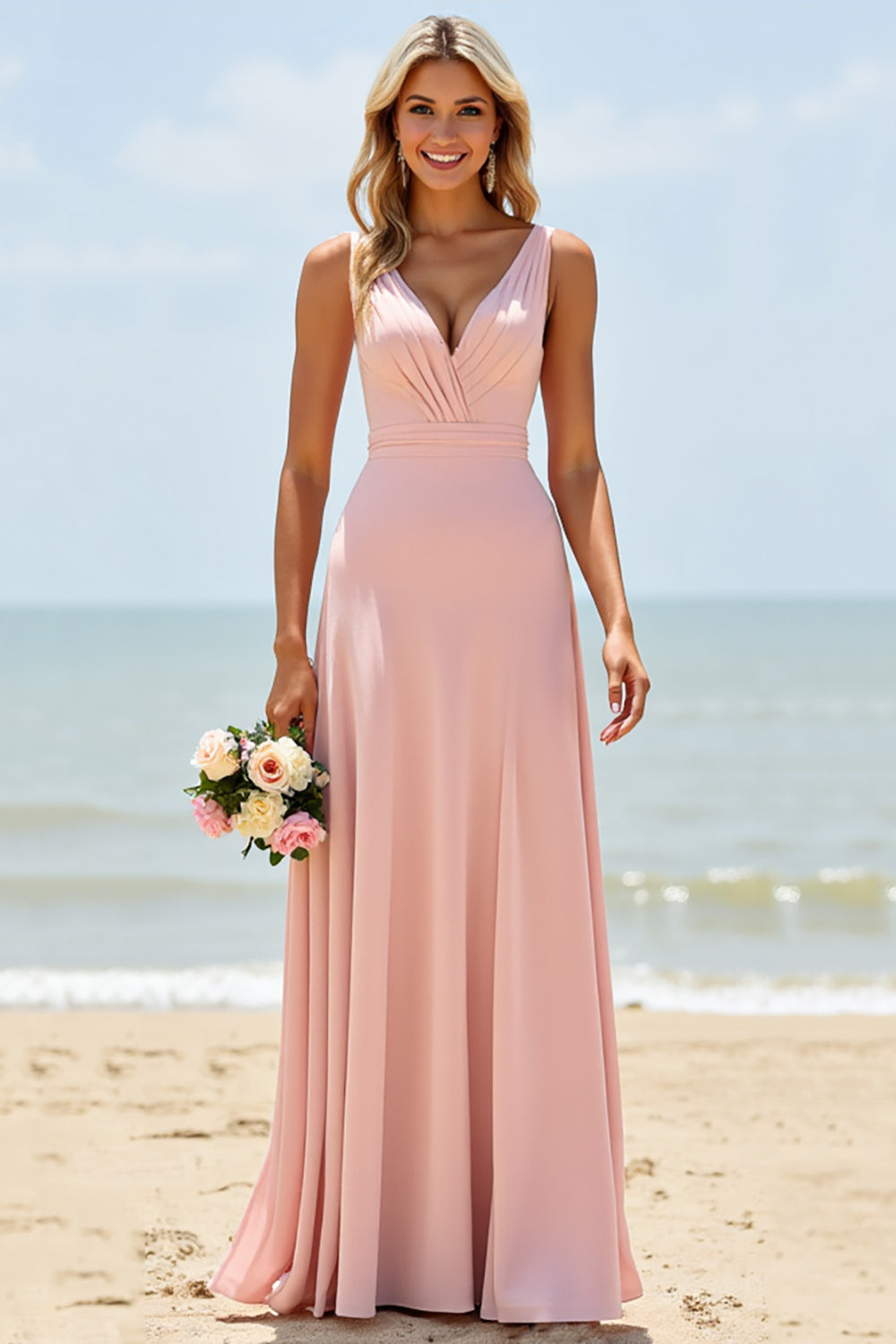 Blush Deep V-Neck A Line Maxi Bridesmaid Dress