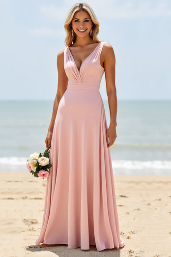Blush Deep V-Neck A Line Maxi Bridesmaid Dress