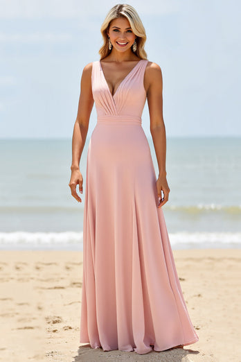 Blush Deep V-Neck A Line Maxi Bridesmaid Dress