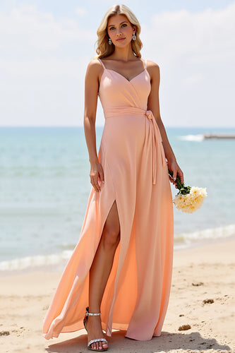 Sunset Chiffon Spaghetti Straps Maxi Bridesmaid Dress with Slit