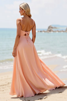 Sunset Chiffon Spaghetti Straps Maxi Bridesmaid Dress with Slit