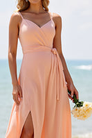 Load image into Gallery viewer, Sunset Chiffon Spaghetti Straps Maxi Bridesmaid Dress with Slit