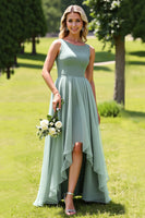Load image into Gallery viewer, Sage Green Chiffon A Line High-Low Bridesmaid Dress with Ruffles
