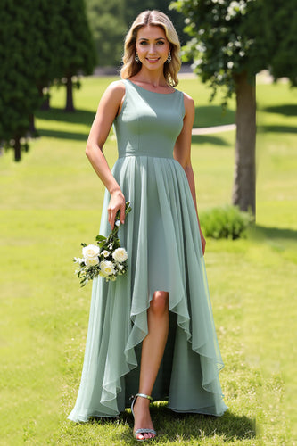 Sage Green Chiffon A Line High-Low Bridesmaid Dress with Ruffles