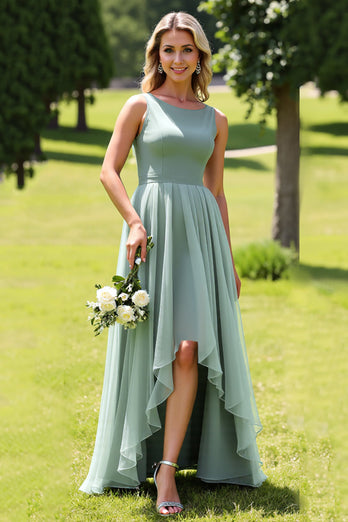 Sage Green Chiffon A Line High-Low Bridesmaid Dress with Ruffles