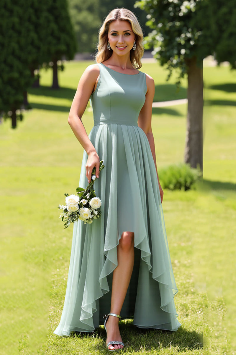 Load image into Gallery viewer, Sage Green Chiffon A Line High-Low Bridesmaid Dress with Ruffles