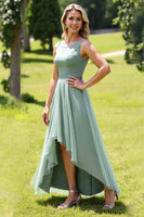 Load image into Gallery viewer, Sage Green Chiffon A Line High-Low Bridesmaid Dress with Ruffles
