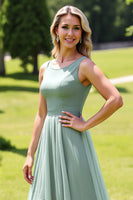 Load image into Gallery viewer, Sage Green Chiffon A Line High-Low Bridesmaid Dress with Ruffles