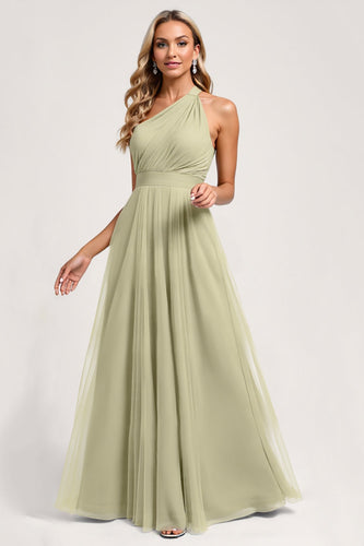 Dusty Sage One Shoulder Tulle A Line Maxi Bridesmaid Dress