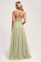 Load image into Gallery viewer, Dusty Sage One Shoulder Tulle A Line Maxi Bridesmaid Dress