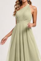 Load image into Gallery viewer, Dusty Sage One Shoulder Tulle A Line Maxi Bridesmaid Dress