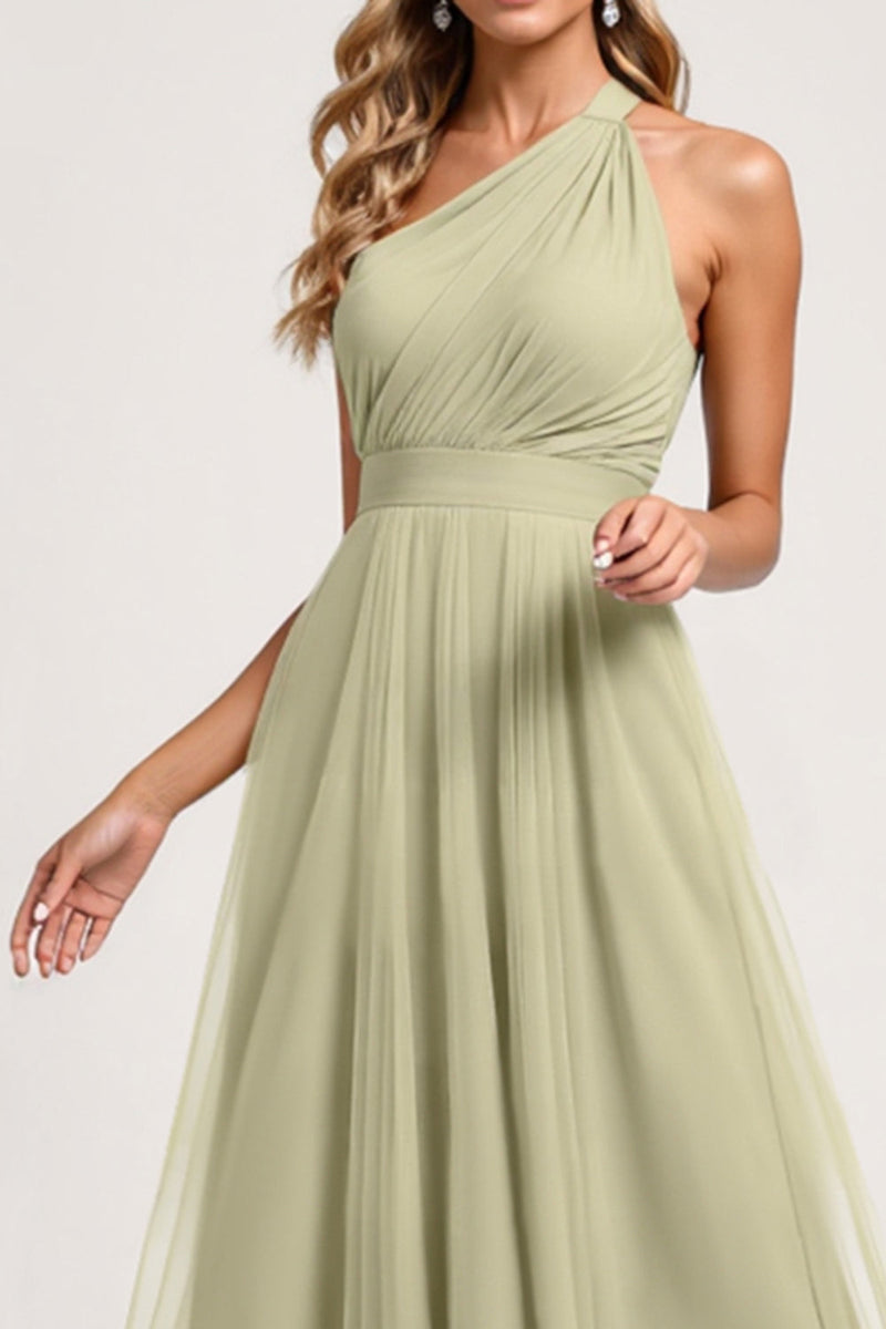 Load image into Gallery viewer, Dusty Sage One Shoulder Tulle A Line Maxi Bridesmaid Dress