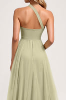 Load image into Gallery viewer, Dusty Sage One Shoulder Tulle A Line Maxi Bridesmaid Dress