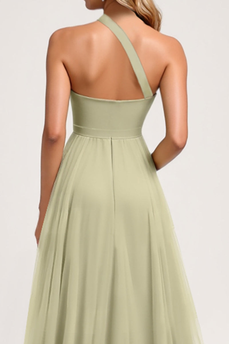 Load image into Gallery viewer, Dusty Sage One Shoulder Tulle A Line Maxi Bridesmaid Dress