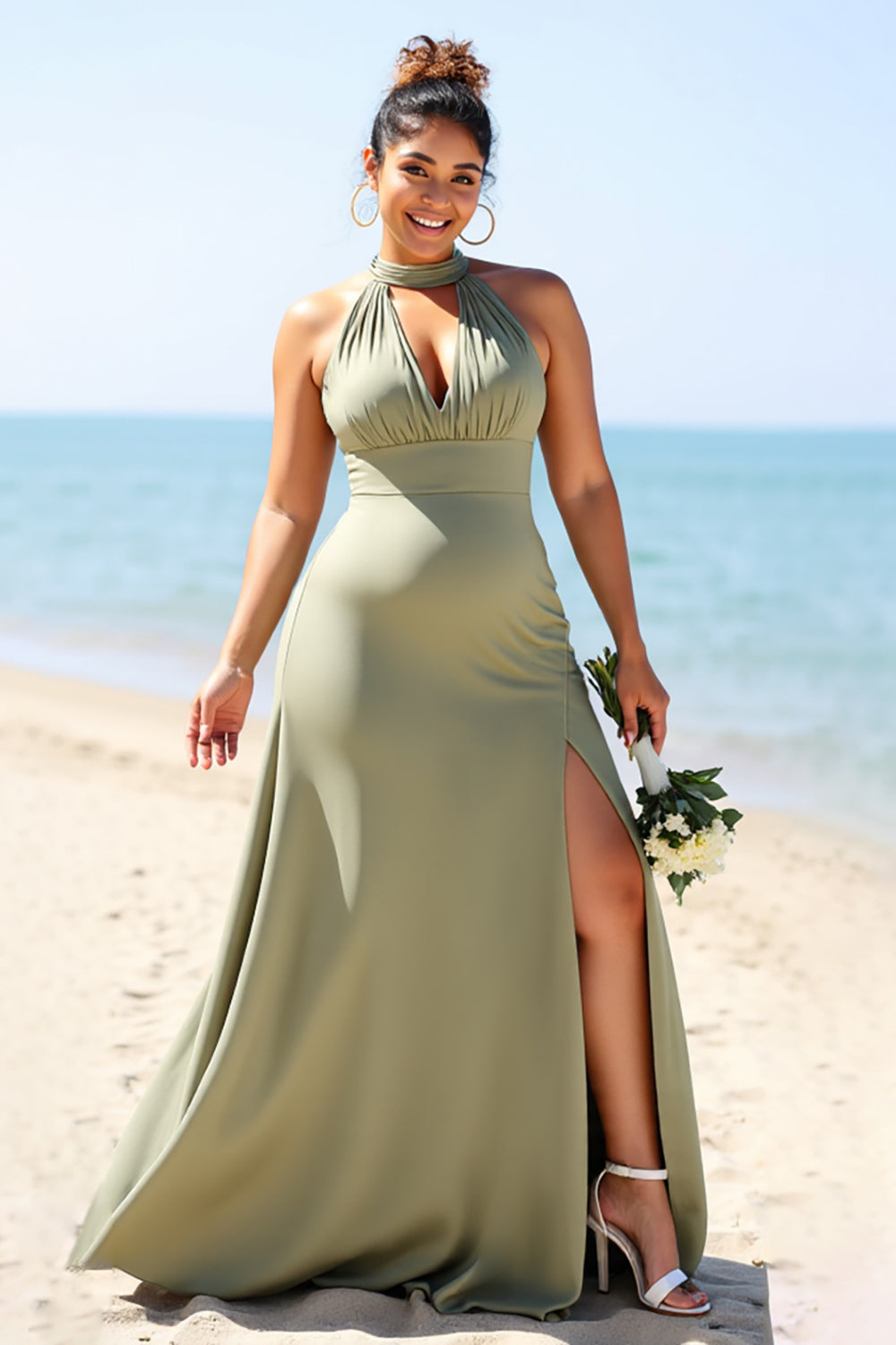 Olive Plus Size Halter Sheath Satin Maxi Bridesmaid Dress with Slit