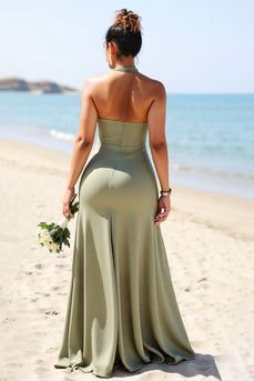 Olive Plus Size Halter Sheath Satin Maxi Bridesmaid Dress with Slit