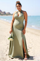 Load image into Gallery viewer, Olive Plus Size Halter Sheath Satin Maxi Bridesmaid Dress with Slit