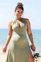 Load image into Gallery viewer, Olive Plus Size Halter Sheath Satin Maxi Bridesmaid Dress with Slit