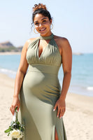 Load image into Gallery viewer, Olive Plus Size Halter Sheath Satin Maxi Bridesmaid Dress with Slit