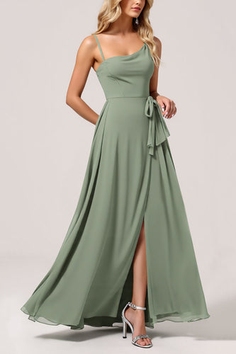 Eucalyptus Chiffon A Line Maxi Bridesmaid Dress with Slit