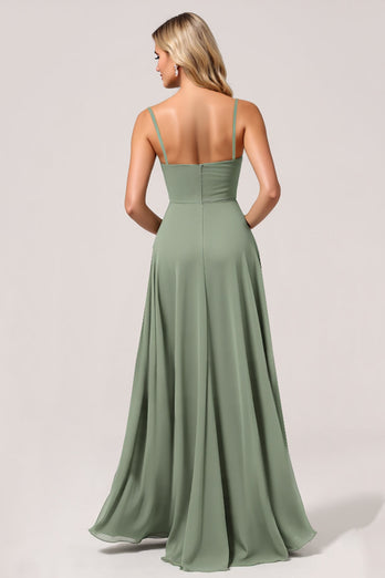 Eucalyptus Chiffon A Line Maxi Bridesmaid Dress with Slit