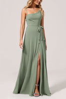 Load image into Gallery viewer, Eucalyptus Chiffon A Line Maxi Bridesmaid Dress with Slit