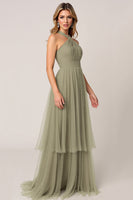 Load image into Gallery viewer, Olive Tulle Tiered Halter Maxi Bridesmaid Dress