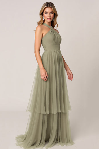 Olive Tulle Tiered Halter Maxi Bridesmaid Dress