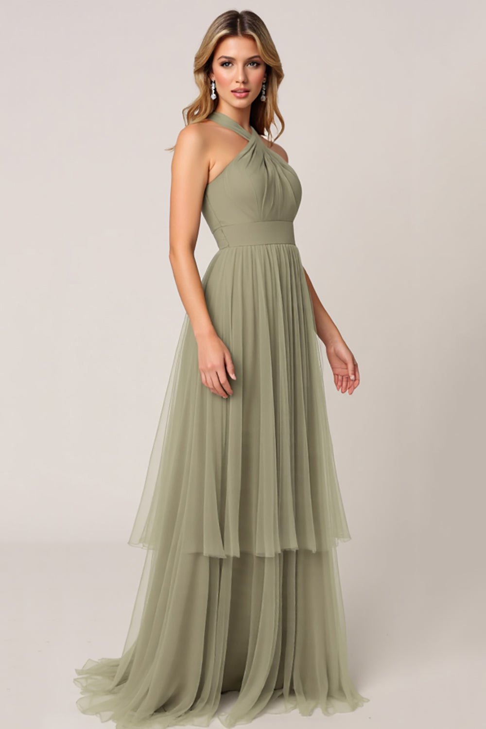 Olive Tulle Tiered Halter Maxi Bridesmaid Dress