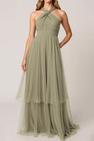 Load image into Gallery viewer, Olive Tulle Tiered Halter Maxi Bridesmaid Dress