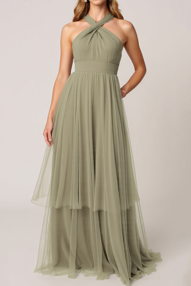 Load image into Gallery viewer, Olive Tulle Tiered Halter Maxi Bridesmaid Dress