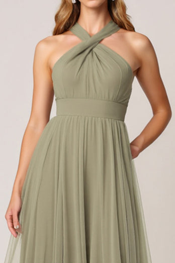 Olive Tulle Tiered Halter Maxi Bridesmaid Dress