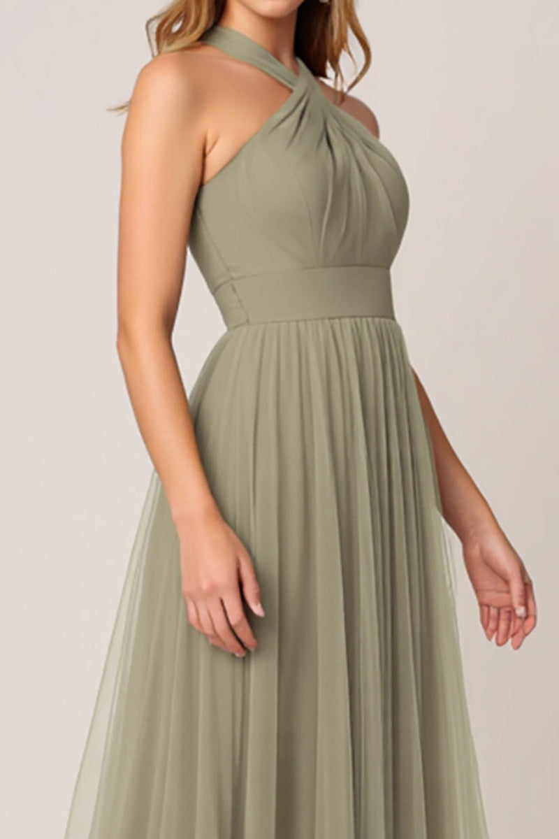 Load image into Gallery viewer, Olive Tulle Tiered Halter Maxi Bridesmaid Dress