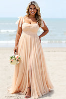 Load image into Gallery viewer, Apricot A Line Chiffon Pleated Maxi Bridesmaid Dress with Slit