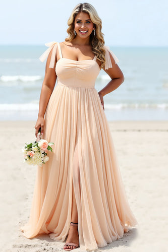 Apricot A Line Chiffon Pleated Maxi Bridesmaid Dress with Slit