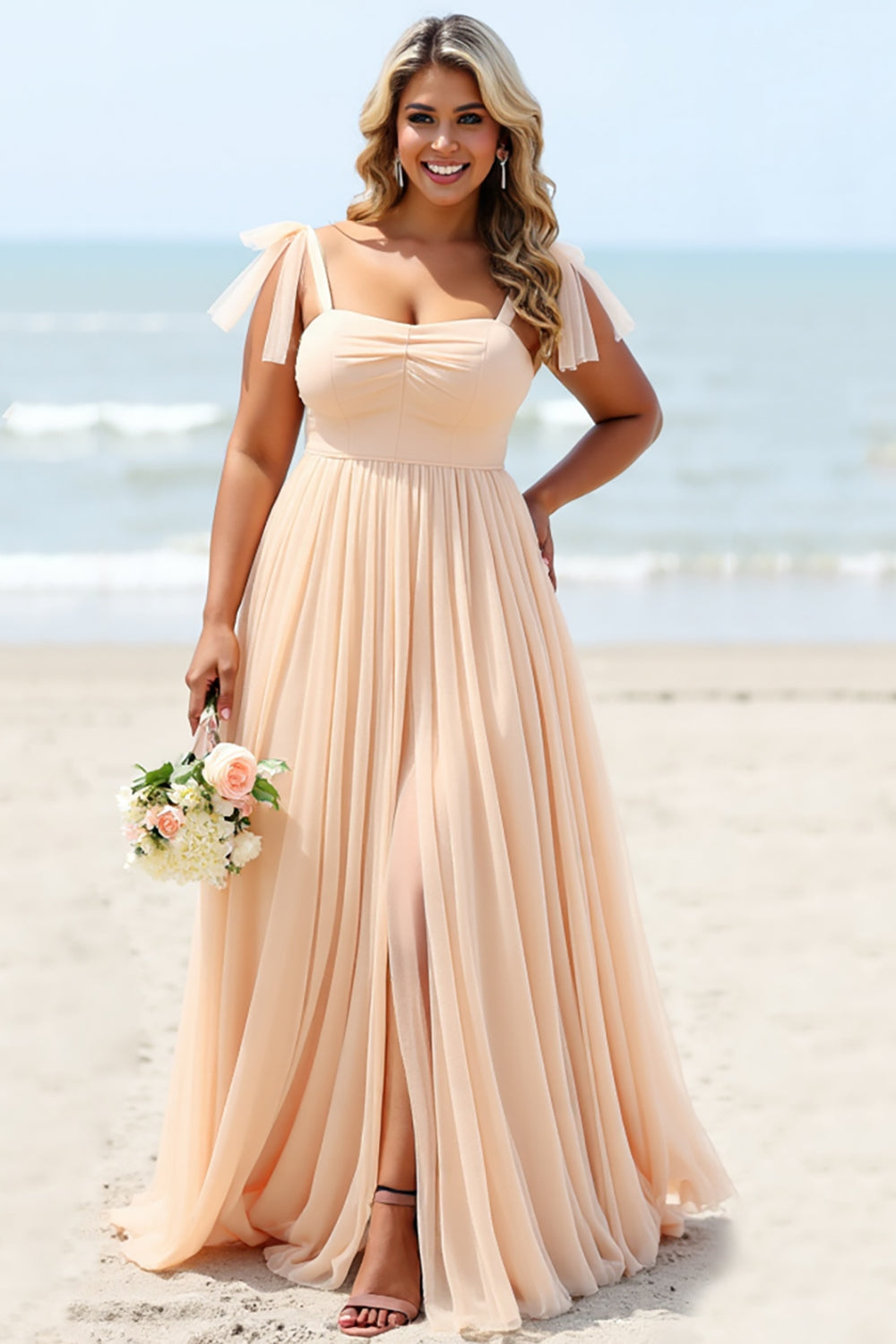 Apricot A Line Chiffon Pleated Maxi Bridesmaid Dress with Slit