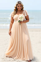Load image into Gallery viewer, Apricot A Line Chiffon Pleated Maxi Bridesmaid Dress with Slit