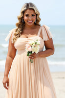 Load image into Gallery viewer, Apricot A Line Chiffon Pleated Maxi Bridesmaid Dress with Slit