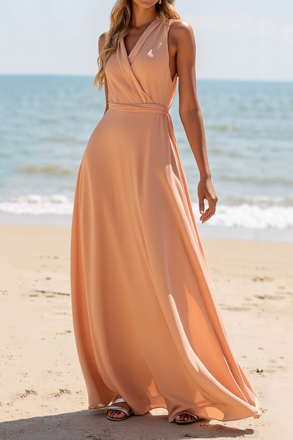 Sunset Chiffon Spaghetti Straps A Line Maxi Bridesmaid Dress