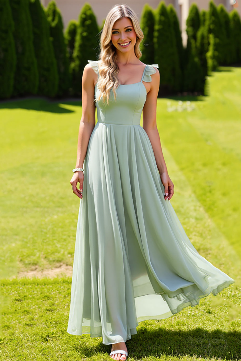 Sage Green Chiffon Spaghetti Straps A Line Maxi Bridesmaid Dress