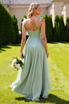 Sage Green Chiffon Spaghetti Straps A Line Maxi Bridesmaid Dress