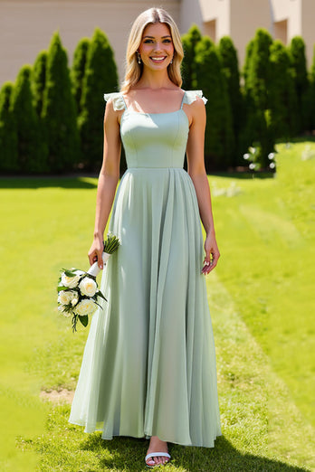 Sage Green Chiffon Spaghetti Straps A Line Maxi Bridesmaid Dress
