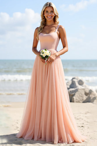Blush Tulle A Line Spaghetti Straps Maxi Bridesmaid Dress