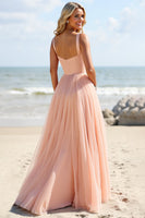 Load image into Gallery viewer, Blush Tulle A Line Spaghetti Straps Maxi Bridesmaid Dress