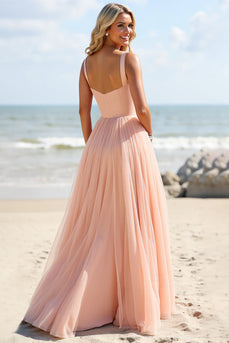 Blush Tulle A Line Spaghetti Straps Maxi Bridesmaid Dress