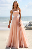 Load image into Gallery viewer, Blush Tulle A Line Spaghetti Straps Maxi Bridesmaid Dress